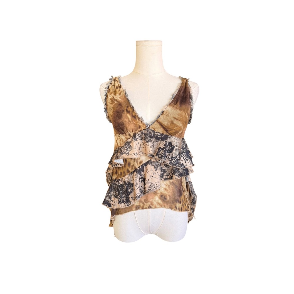 Ecote Urban Outfitters Leopard Floral Lace Ruffle Tank Top Brown XS